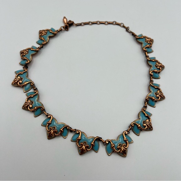 Vintage Renoir Matisse Scalloped Copper Necklace w/ Blue Enamel Accents - Rare - Picture 6 of 10